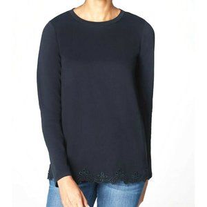 J Jill NEW Top L Navy Blue Pullover Shirt Embroidered Hem Relaxed May Fit XL